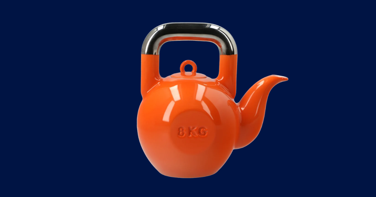 Orange ceramic teapot shaped like a kettlebell