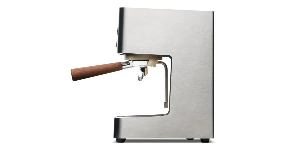 Stainless steel espresso machine with walnut portafilter handle