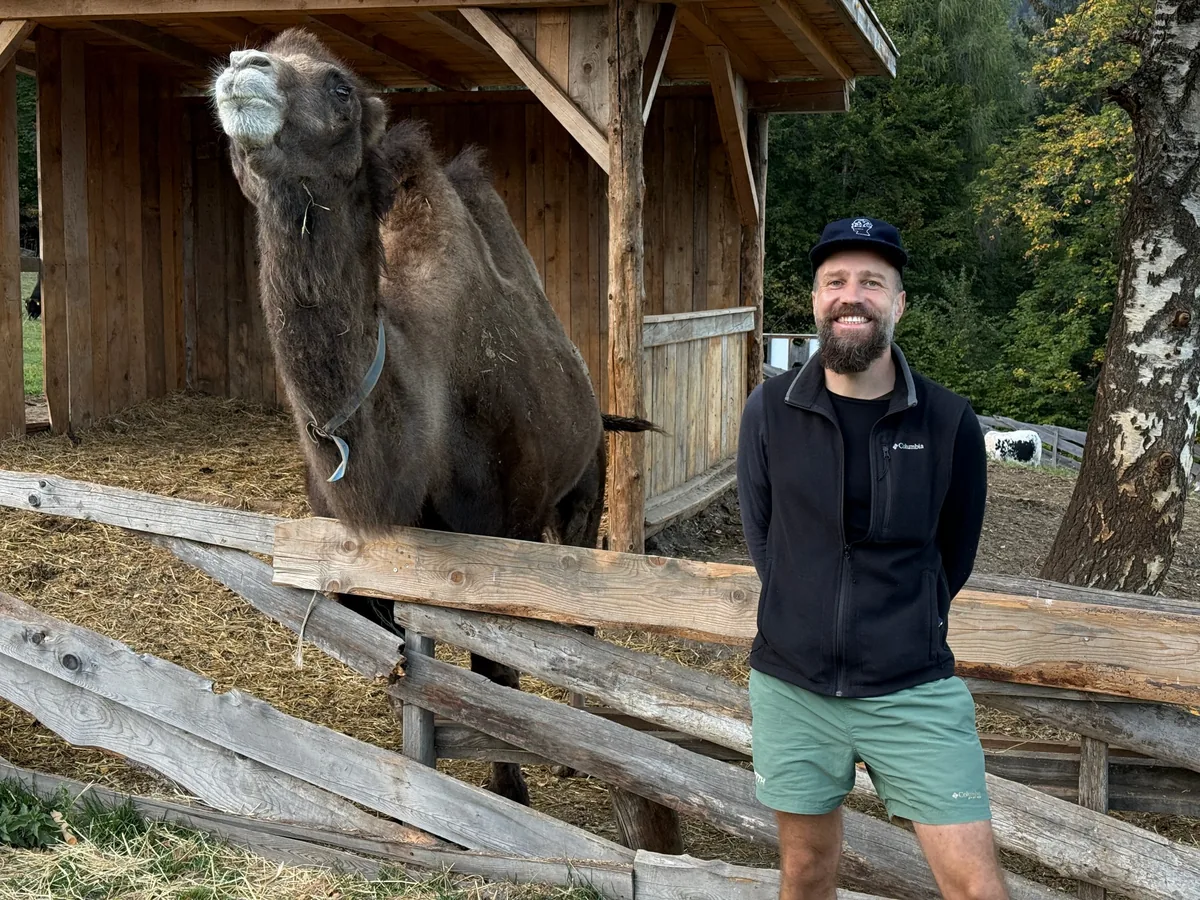 Jakob standing at a wooden fence next to a camel in an alpine pasture.